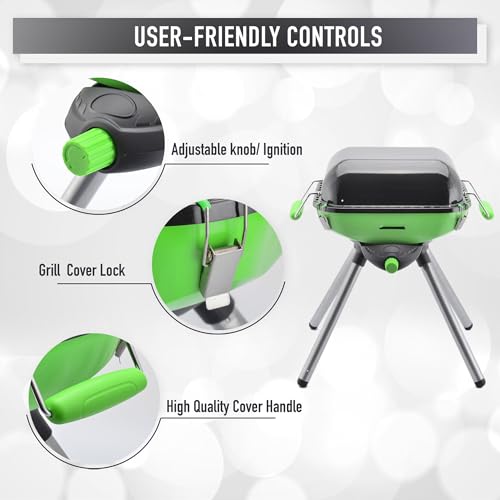Image of Flame King YSNVT-301 Multi-Function Portable Propane BBQ Grill Camp Stove, 8000 BTU 9.5 x 12 Inch Cooking Surface, Light Green /Black