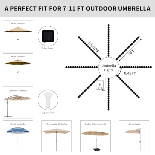 Patio Umbrella Lights 120 LED Cordless Waterproof Lights for Outdoor Umbrella Solar Powered Parasol Ambient Lighting for 7-11 Feet Backyard Pool and Beach Umbrella Décor (Warm White)