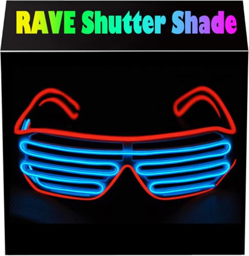 PINFOX Glow Shutter Neon Rave Glasses El Wire Flashing LED Sunglasses Light Up DJ Costumes For Party, 80s, EDM RB03 (Red - Blue)