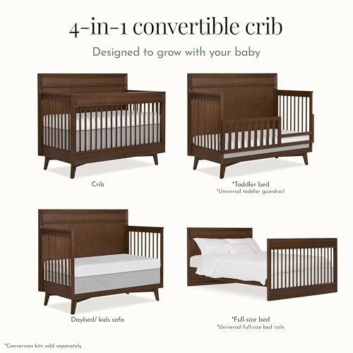 Image of Evolur Loft Antilia Mid-Century 4-in-1 Crib in Walnut, Greenguard Gold & JPMA Certified, Baby Crib Converts to Toddler Bed, Daybed & Full Bed
