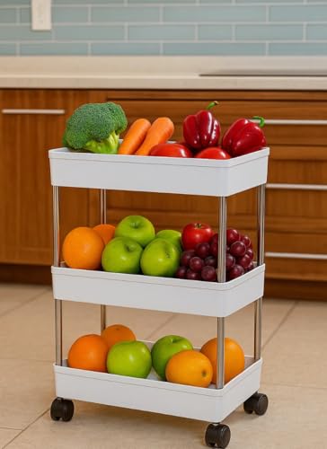 3 Tier Slim Rack Shelf with Wheels-Plastic Trays with Stainless Steel Support-Kitchen Storage Trolley-Multipurpose Space Saver Organizer-Onion Potato Rack & Vegetables Stand(White Color)