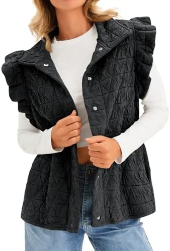 Cicy Bell Women Ruffles Puffer Vest Sleeveless Button Down Padded Jacket Gilet Trendy Fall Winter Outerwear