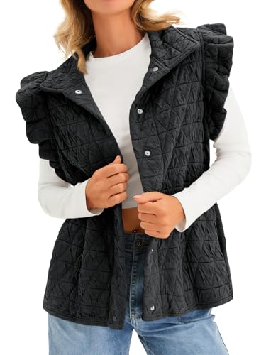 Cicy Bell Women Ruffles Puffer Vest Sleeveless Button Down Padded Jacket Gilet Trendy Fall Winter Outerwear