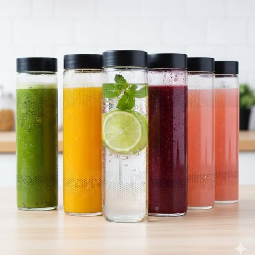Image of Glassbunny Glass Bottles Wide Mouth Glass Water Bottle with Leak-Proof Airtight Black Plastic Lid for Water, Smoothie, Juices - 750ml Pack of 6