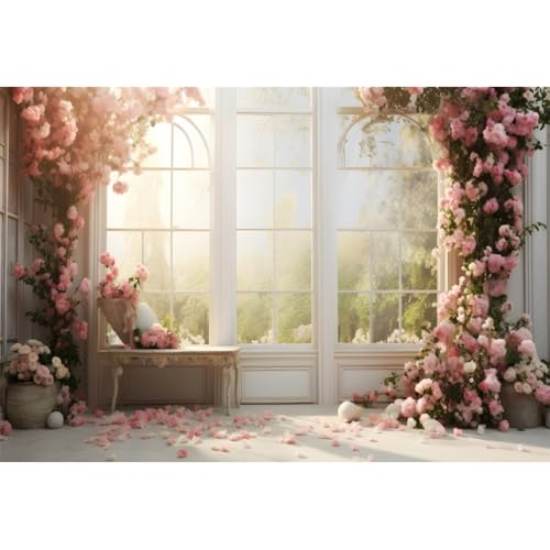 Yeele 8x6ft Dreamy Floral Room Backdrop Romantic Pink Rose Flowers White Window Dawn Elegant Princess Room Background for Wedding Birthday Party Decor Girl Woman Portrait Photo Shoot Prop