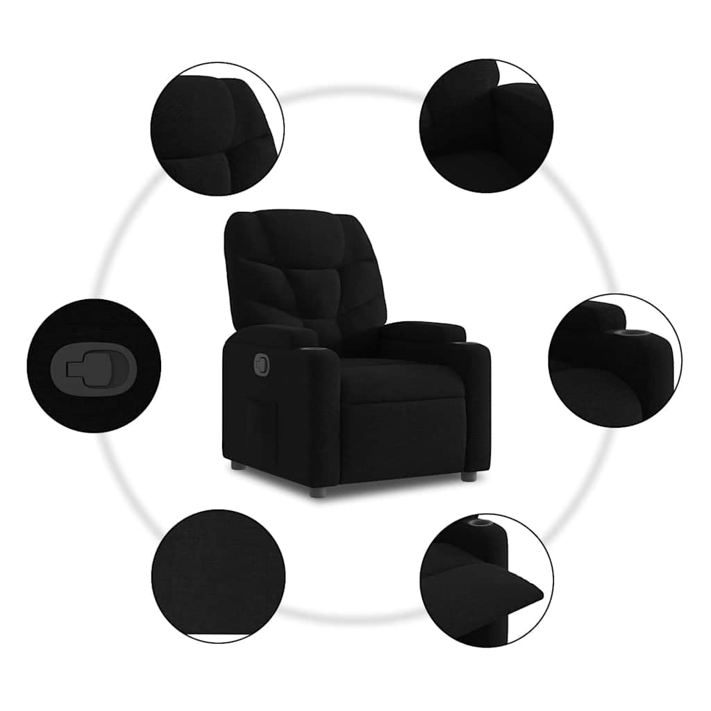 vidaXL Fauteuil Inclinable, Chaise de Relaxation avec Porte-gobelets, Siège avec Dossier et Accoudoirs Salle de Séjour, Moderne, Noir Tissu
