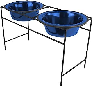 Platinum Pets Modern Double Diner Feeder with Stainless Steel Cat/Dog Bowl, Large, Sapphire