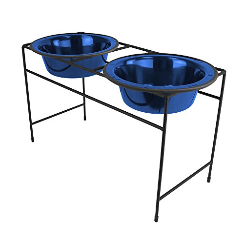 Platinum Pets Modern Double Diner Feeder with Stainless Steel Cat/Dog Bowl, Large, Sapphire