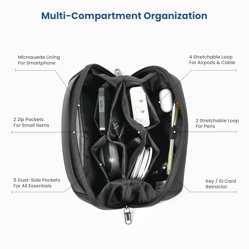 Image of CRALOFT Tech Organizer Pouch - Water-Resistant Polyester Travel Bag for Cables, Chargers, Gadgets, Hard Disk & Electronic Accessories - Multi-Compartment with Smartphone Pocket (Black)