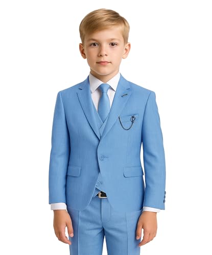 Costume bleu garçon ensemble 3 pièces gilet croisé tenue de cérémonie 4-14 ans
