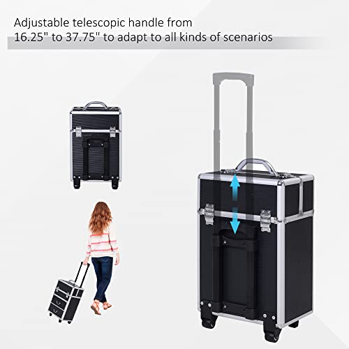 Professional Rolling Full Makeup Travel Train Case, Large Storage Cosmetic Trolley With Folding Trays, Drawer And Locks, Black #TOP3