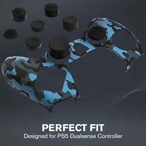 Image of Fosmon Non-Slip Silicone Protective Case Compatible with Sony PS5 Controller (2 Pieces - Camo Black /Blue) Anti-Sweat Case Cover with 8 Pro Thumb Caps