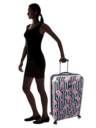 Betsey Johnson 30 Inch Checked Luggage Collection - Expandable Scratch Resistant (Abs + Pc) Hardside Suitcase - Designer Lightweight Bag With 8-Rolling Spinner Wheels (Stripe Roses, 30In) #TOP6