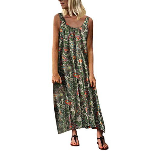 WENOVL T Shirt Dress,Fashion Women Loose Sleeveless O-Neck Irregular Print Retro Casual Dress Army Green