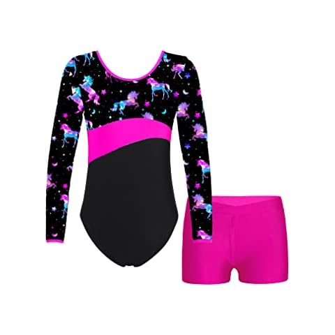 FEESHOW Mädchen Kinder Gymnastikanzug Bedruckte Turntrikot Ballett Gymnastikbody Gymnastikhose Shorts Sport Tanzoutfit Athletic Wettkampf Trainingsanzüge C_Nacht&Pegasus 122-128/7-8 Jahre Cover