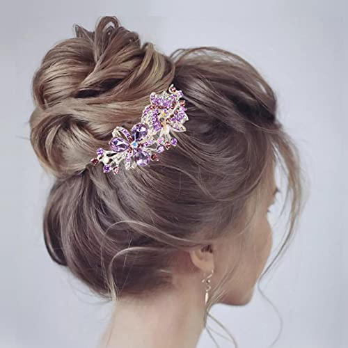 Bleiou Rhinestone Hair Comb Hair Accessories Flower Side Combs For Women (Purple B) #TOP3