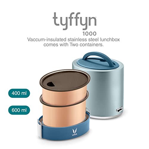Image of VAYA TYFFYN Lunch Box for Office for Men, Copper Finished Steel Lunch Box Without Bagmat,1000ml Vacuum Insulated Hot Lunch Box, Leakproof Hot Tiffin Box with 2 Containers,Blue