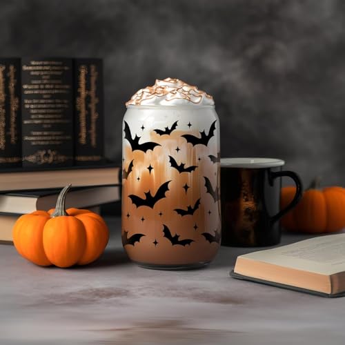 Halloween Gläser, 500ml Trinkbecher mit Deckel und Strohhalm, Fledermaus Muster Eiskaffeetasse, Helloween Glas, Kaffee Glasbecher Glas Tasse Halloween Frauen Geschenke Freunde