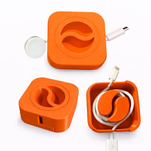 Image of Cable Winder Box Retractable Charging Cable Case USB Organizer Box | Portable Cable Winder Reel Spool Wrap Holder | Travel Desk Cord Management Storage Tangle Free (Orange)