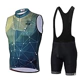 Uriah Men's Cycling Vest Bib Shorts Black Set Reflective with 3D Gel Padded Green Stars Size M