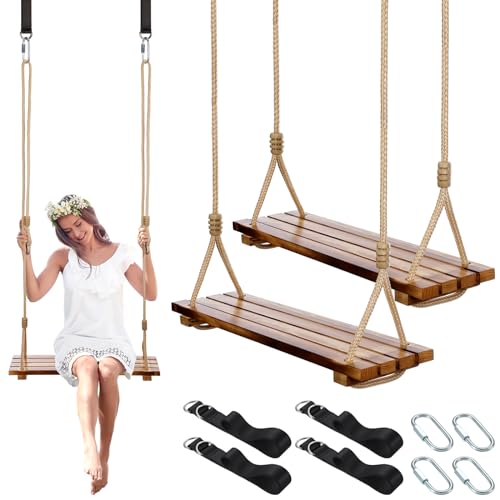 Hollowfly 2 Pcs Wood Swing Seat Carbonized Hanging Wood Tree Swing Adjustable Anticorrosive Waterproof 440lbs Load Indoor Outdoor Backyard Play, 24 x 6.3 x 1.42 Inch