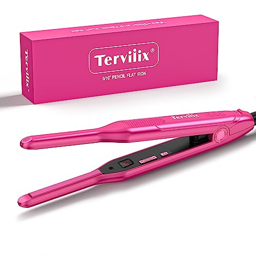 Terviiix Mini Flat Iron and Hair Straightener for Short Hair, Edges, and Pixie Cut - 3/10 Inch Skinny Pencil Straightener for Black Women's Baby Hair, LCD Digital Display, Dual Voltage, Pink