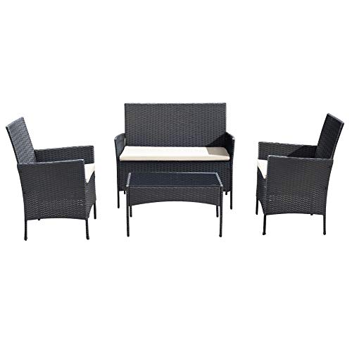 Ribelli 4-teiliges Gartenmöbel Set, Lounge Set, cremefarbenen Kissen – aus PE-Rattan – Tisch Plus Zwei Stühle und 1er…