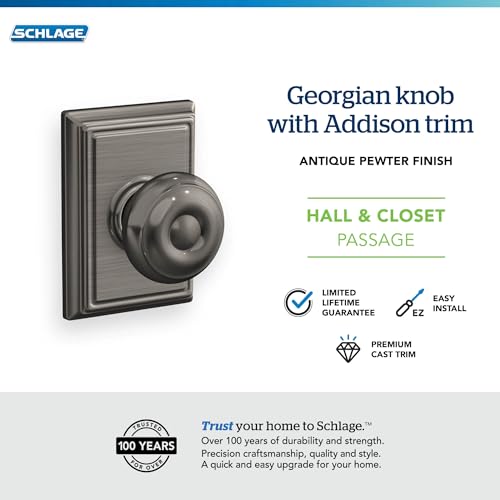 Image of SCHLAGE F10GEO620ADD Addison Collection Georgian Passage Knob, Antique Pewter