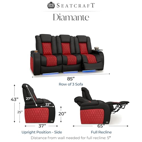 Image of Seatcraft Diamante Black /Red Italian Leather Home Theater Seating, Zero Gravity Power Recliner, Gaming and Home Office Chair, Powered Headrest Furniture for Family Cinema Room, Row of 3 Sofa