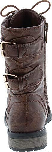 Link Girls Mango-79 Kids Combat Lace Up Quilted Dual Buckle Zip Decor Mid Calf Motorcycle Boots4