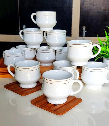 Image of Elegant White Ceramic Tea Cups with Silver Rim, Set of 12 Cups Classic Design.