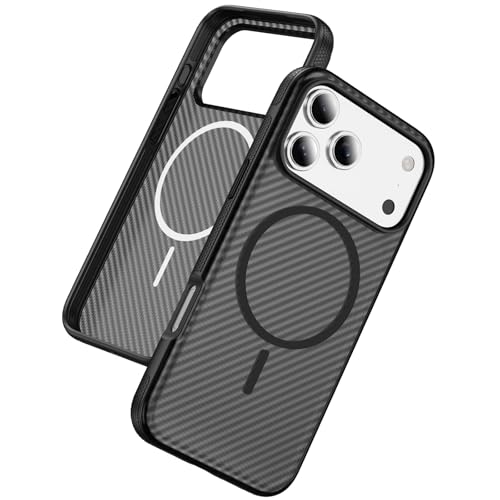 PinLiSheng Carbon Fiber Case for iPhone 17 Pro Max with 1 Screen Protector [Mil-Grade Drop Protection] [Compatible with Magsafe] Shockproof Slim Transparent Protective Phone Case, Black
