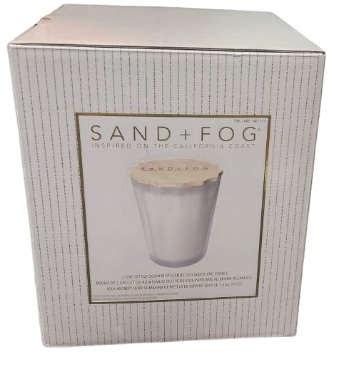 Sand & Fog 57oz Scented Soy Wax Blend Glass Scalloped Candle with Rubber Wood...