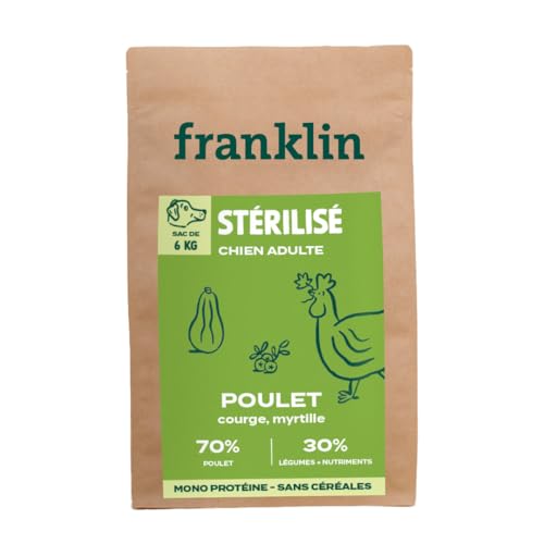 Franklin – Croquettes pour Chien Stérilisé – Gamme Protéinée – avec 70% de Poulet – Mono-protéine – sans Céréales – Forme Ronde 13mm – 6 kg