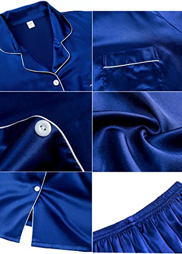 Finvizo Womens Silk Satin Pajamas Set: Soft Short Sleeve Two-Piece Pjs Silky Button-Down Sleepwear Loungewear Shorts Set,Navy Blue M #TOP5