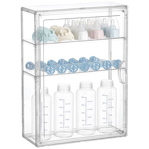 Image of HBlife Baby Bottle Storage Organizer Wall Mount, 3 Tiers Adjustable Clear Acrylic Bottles Storage Station Case Box Container with 2 Removable Dividers and Magnetic Door for Countertop Cabinet, Medium