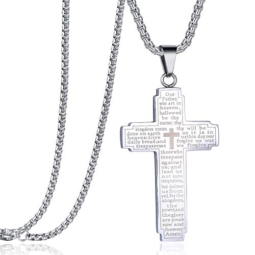 Rehoboth Stainless Steel Our Father Lord's Prayer Cross Pendant Necklace for Women Men Chain 24