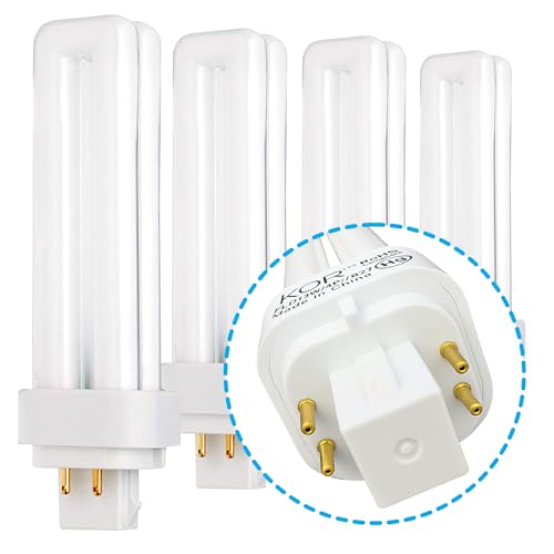 KOR (Pack of 4) 13W CFL Double Tube Bulbs – G24Q-1 (4-Pin) Base – 3500K Soft White – Compatible Replacement for Sylvania CF13DD/E/835, Philips PL-C 13W/835/4P, GE F13DBX/835/ECO4P