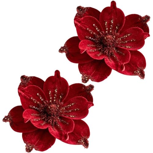 Luxylei Terciopelo Navidad Poinsettia Borgoña 2 Uds Artificial Verde/Rojo Magnolia Flor Adornos Picos Tallos para Decoración De Árbol De Navidad