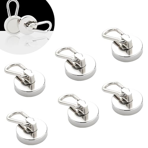 WTZWYFWJ Magnethaken Extra Stark, 6 Stück Neodym Magnet Haken 25 mm, Zugkraft Starke Karabiner Drehbar Magnetischer Haken, Magnet mit Haken für Kühlschränke Küchen Garage Camping