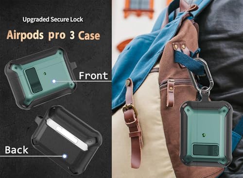 Image of Olytop for Airpods Pro 3 Case with Lock Clip, Rugged Apple Airpods Pro 3rd Generation Cover 2025 Men Women, Armor Shockproof iPod Pro3 Gen Protective Hard Shell with Carabiner&Cleaner kit,Black /Green