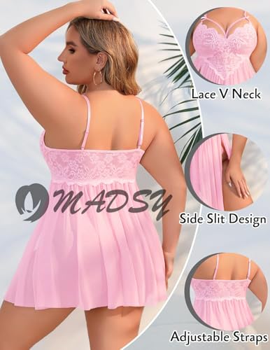 Image of Beautiful Creations Womens Plus Size Lace Floral Knee Length Babydoll Nightwear Set with G-String Panty
