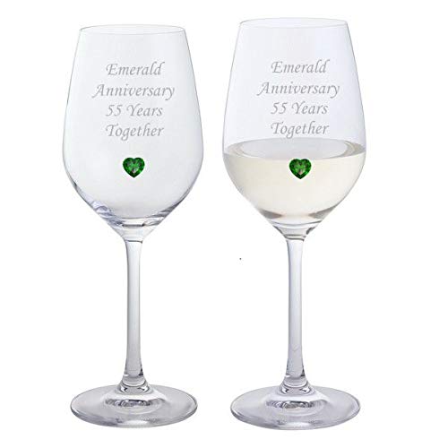 Verres à vin en cristal anniversaire 55 ans cadeau romantique cœur émeraude