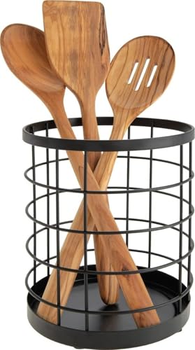 iDesign boite de rangement pour ustensiles de cuisine sur le plan de travail, range couverts rond en métal, bac à couverts, noir mat