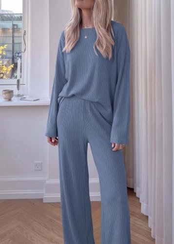 KIRUNDO Fall Ribbed Knit 2 Piece Lounge Set Women(Grey Blue, XX-Large) — view 4