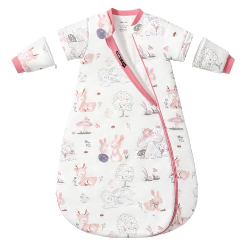 Baby Sleep Sack 18–24 Months, 2.5 TOG Warm Cotton Sleep Sack with Detachable Long Sleeves, Winter Wearable Blanket for Cold Nights, 2-Way Zipper Toddler Sleeping Sack, Bunny