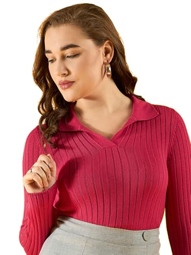 Image of 98 Degree North Women Cotton Self Design Collar Neck Pullover Has A Full Sleeves and Straight Hem-RG1165-FLUORESCENT