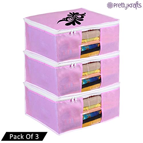 Image of PrettyKrafts Saree Cover Large with creative prints, Saree Storage Bag with Zip, Wardrobe Organiser, Clothes Cover & Storage, (Set of 3) Pink