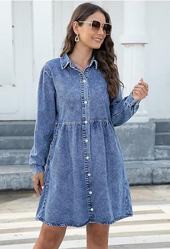 Image of Denim Dress for Women 2026 with Pockets Short Sleeve Jean Dresses for Women