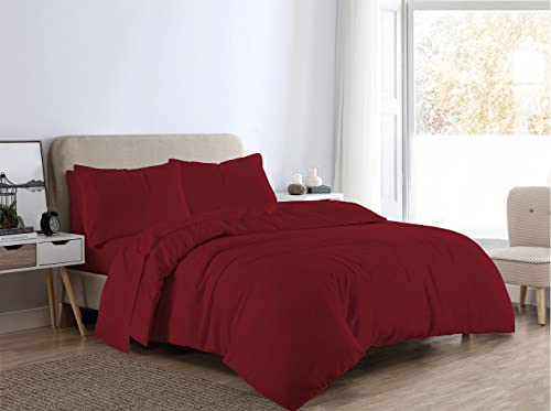 click2style 4 Piece Bedding Set of 100% Brushed Cotton Flannelette Duvet Cover Pillow Cases with Fitted Sheet Bed Set (Red, Double)